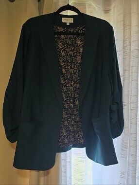 Skies Are Blue Dark Green Open-Front Blazer with Floral Lining